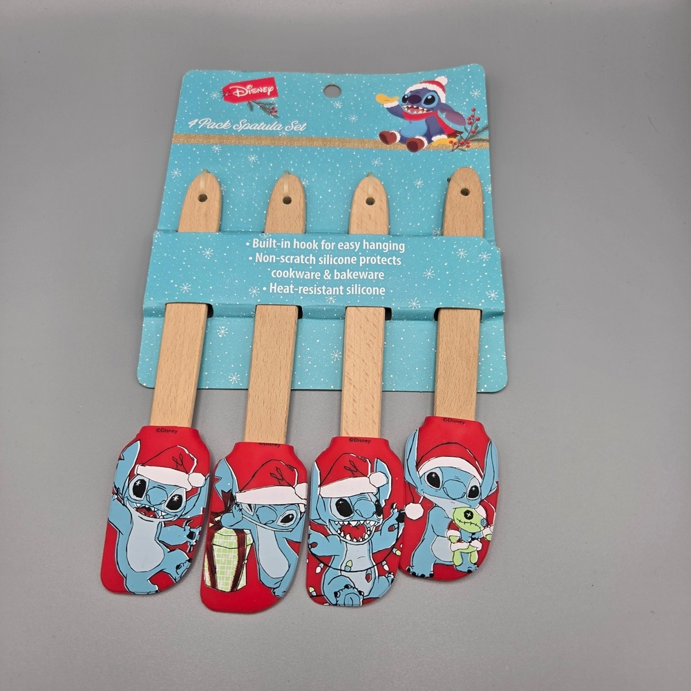 Disney Lilo & Stitch Christmas 4 Pack Silicone Spatula Set Wood Handle Red Blue